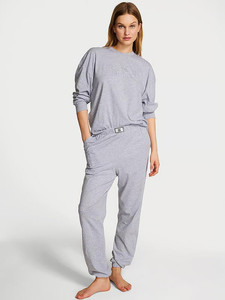 Хлопковая пижама Victoria's Secret 100% Cotton Shine Long Pajama Set (Medium Heather Grey / Rhinestone Logo) (Размер S - Regular)